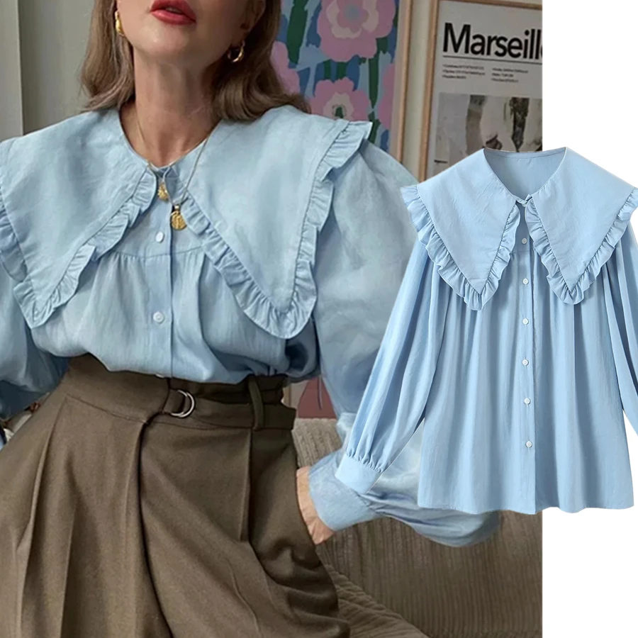 

Dave&Di Blusas Mujer De Moda 2022 Fashion Ins Blogger Vintage Peter Blouse Women Pan Collar Solid Blue Casual Shirt Women Tops