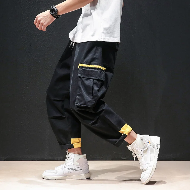 

Spring Autumn 2021 brand patchwork elastic waist overalls men's Korean loose trendy casual sweatpants fat straight men's pants