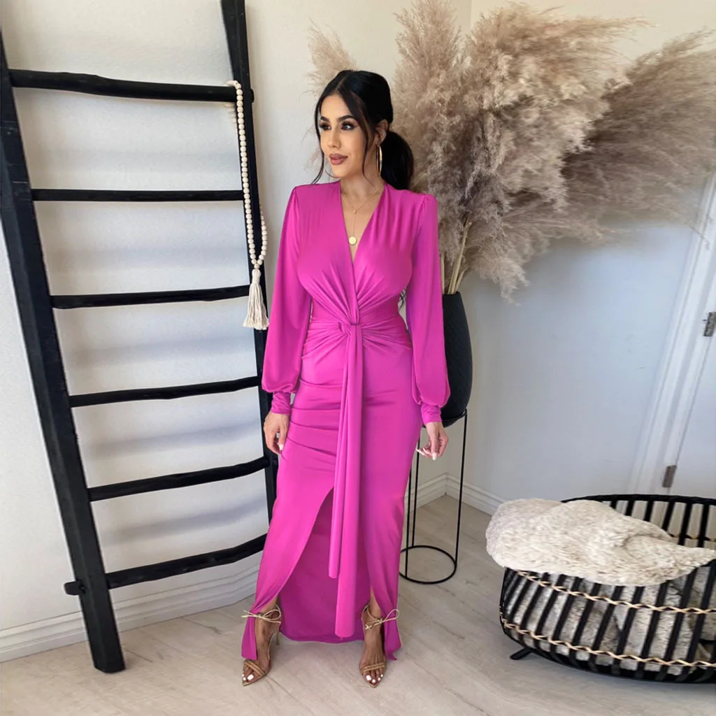 

Coffeehot Dresses Women Solid color Slit Sexy Long sleeve Elegent Solid V-neck Kink White Maxi Dress Elegant Pink Party Dress