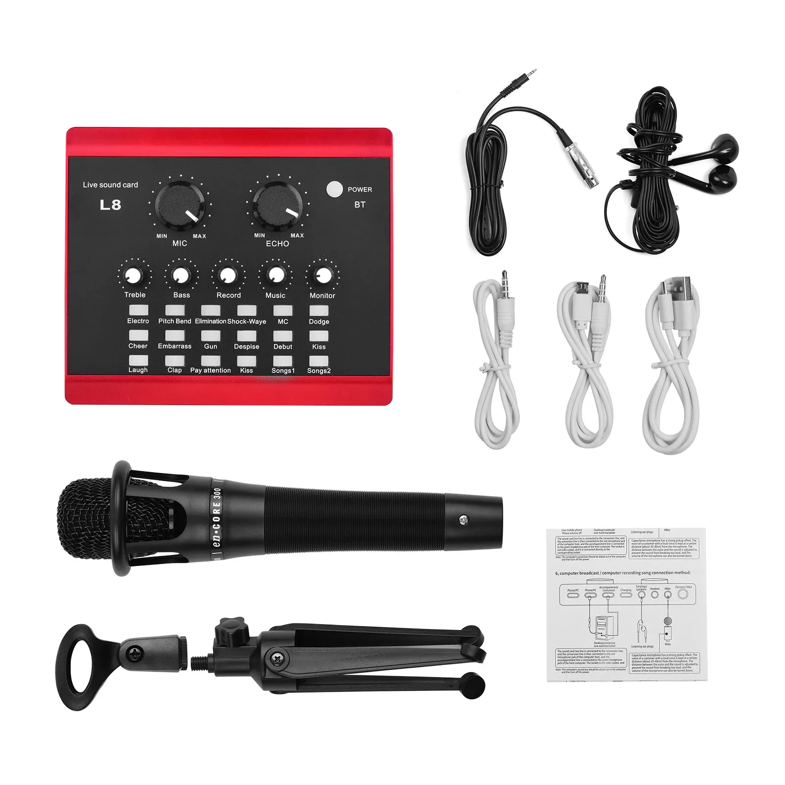 

Smartphone Computer Live Sound Card Kit Voice Changer Device Audio Mixer with Wired Condenser Microphone Desktop Tripod Record