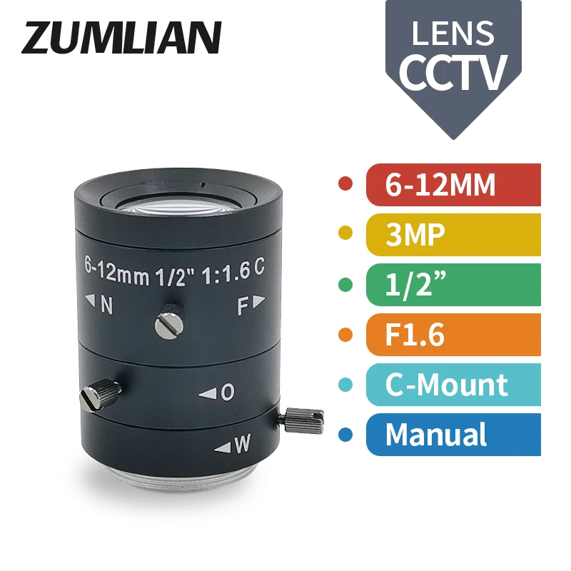 

ZUMLIAN FA Lens 3MP C-Mount 6-12mm Low Distortion Manual Iris Machine Vision 1/2 Inch F1.6 Varifocal Zoom Camera CCTV Lenses