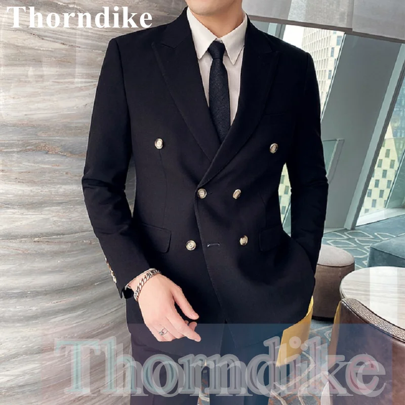 

Thorndike 2021 British Style Double Breasted Men's Suits Business Solid Color Gentleman Wedding Suit For Men Black 2 Pcs Set