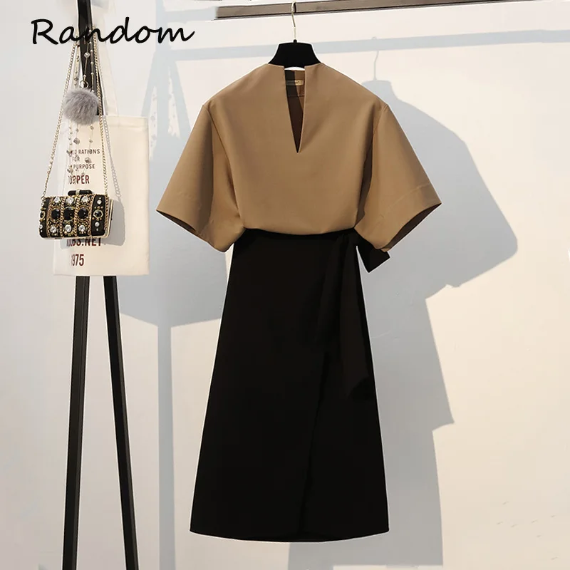 

Женский летний элегантный костюм, футболка и сексуальная юбка с высоким разрезом, комплект из двух предметов, женская одежда, 2021, рабочая оф...