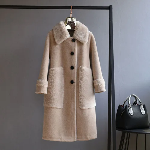 Beige OFTBUY парка с v-образным вырезом зимняя куртка Женское пальто из натурального меха тканая шерсть плюшевый флис медведь плюшевая верхняя одежда теплая уличная - Цвет: Beige