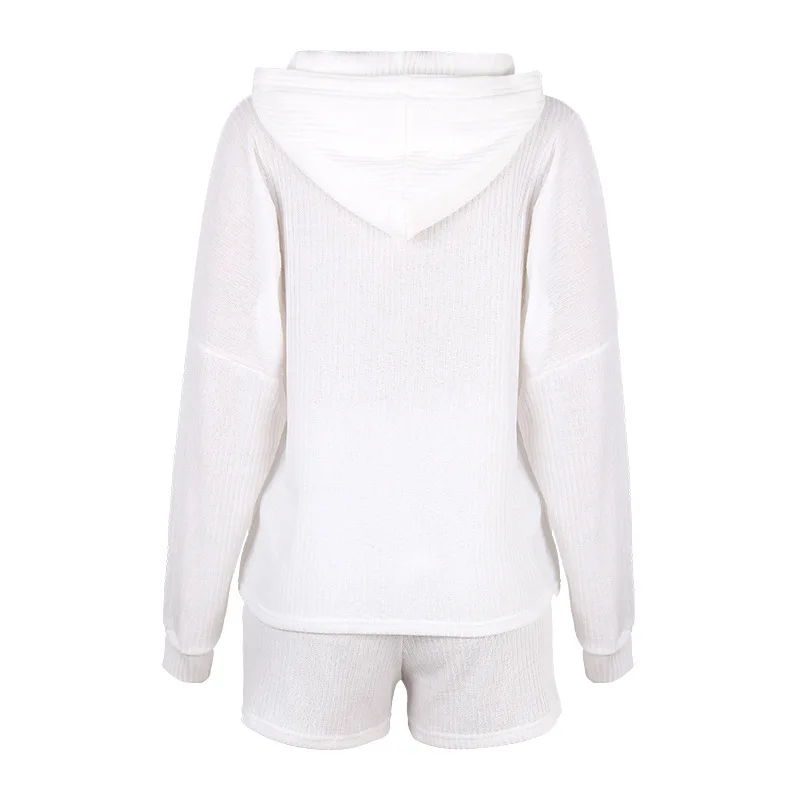 

2021 Spring Solid Color Pit Cotton Women Tracksuit Two Piece Casual Long Sleeve Short Pants Elastic Waist Drawstring Pajamas Set