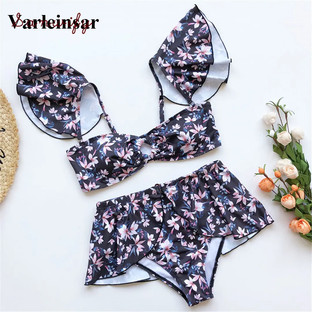 

New 2020 Sexy Lotus Leaf Bikini High Waist Swimsuit Women Swimwear Bikini Set With Skirt Bathing Suit Swim Wear V1885b