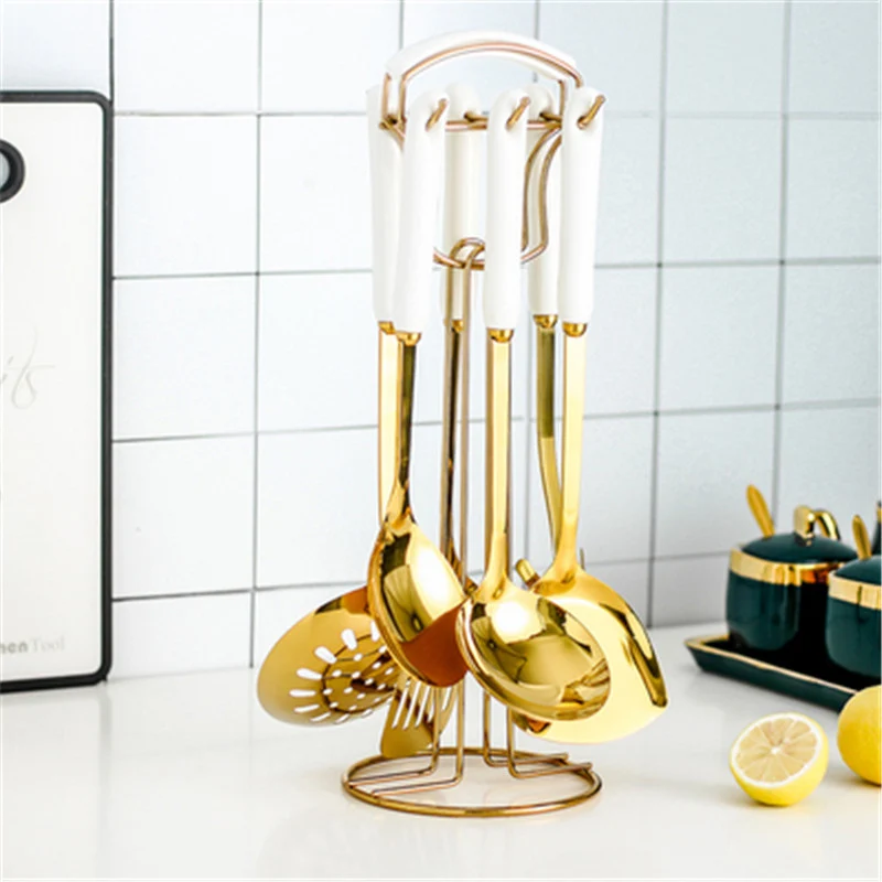 Ceramic Anti-hot Handle Kitchenware Luxury Food Shovel Set Of 7 Pieces Ins Cooking Scoop Colander Golden Series noodle strainer | Дом и сад