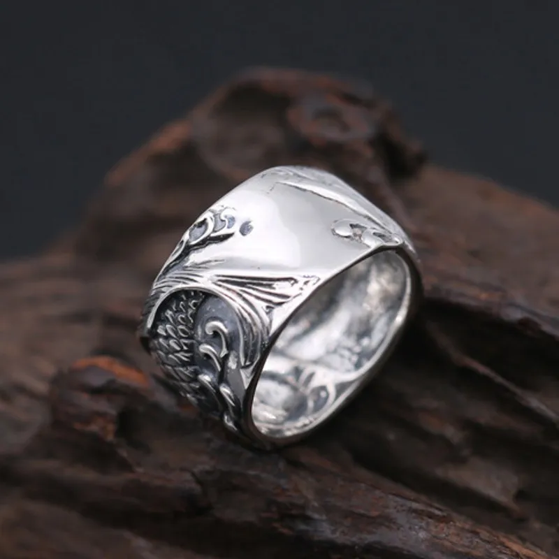 Мужское серебряное кольцо BOCAI настоящее чистое s925 пробы тайское с рыбами