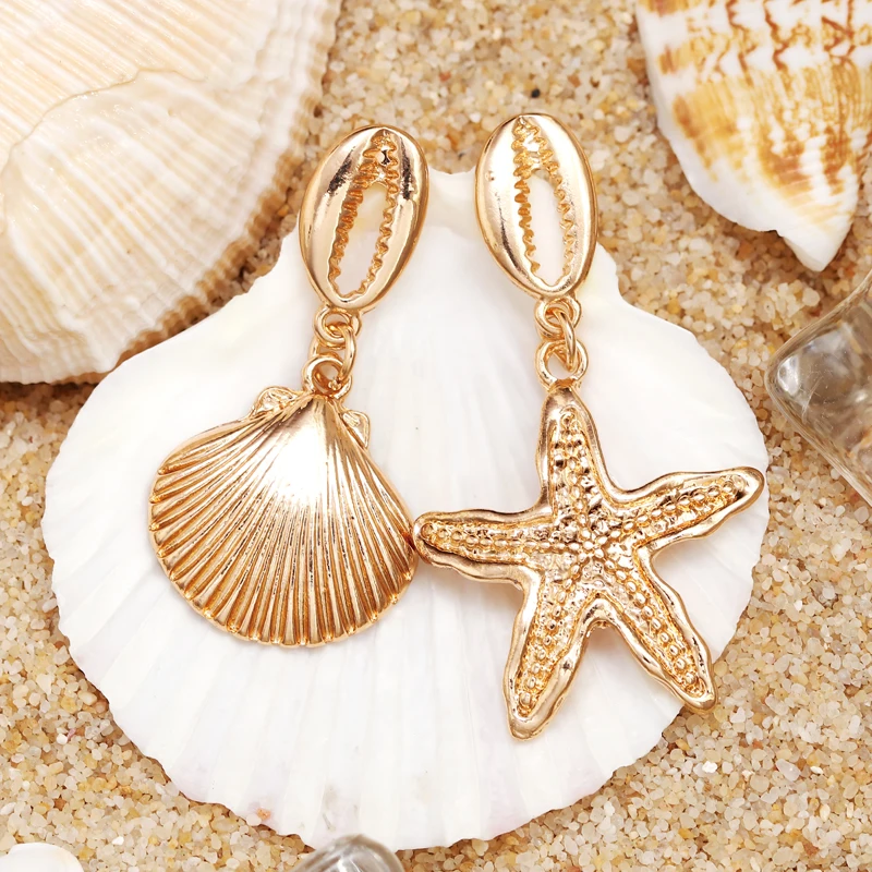 Женские серьги капельки в богемном стиле с золотым раковиной большие круглые