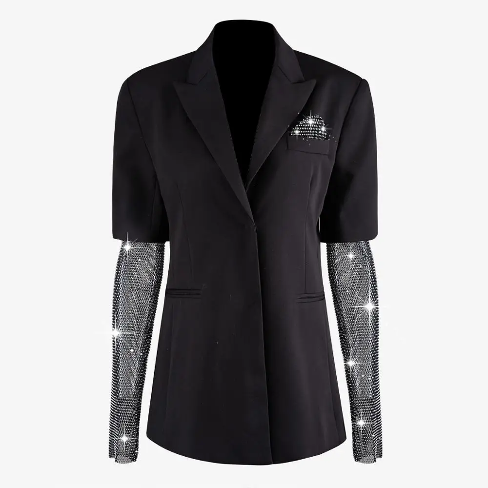 Женский костюм куртка дизайн чувство маленькая толпа черные рукава водная дрель