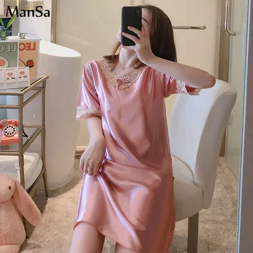 

Summer Women's Short Sleeve Sleepwear Home Wear V- Neck lace Silk Nightshirt Women Causal Sleepwear Sexy Ladies Nightgown Dress