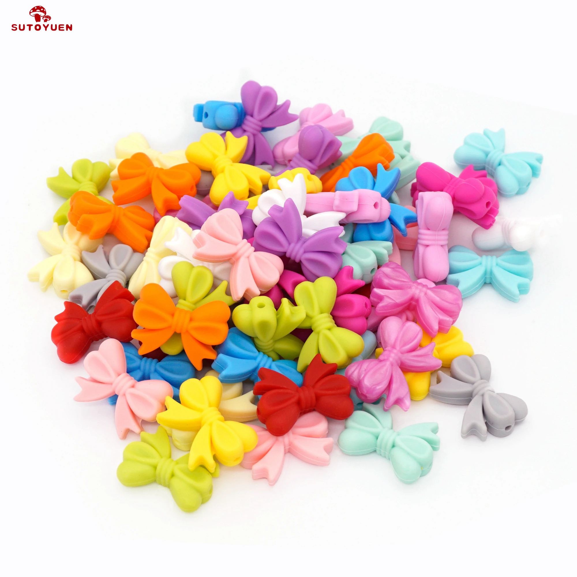 Sutoyuen 200Pcs Bow Silicone Beads BPA Free DIY Pacifier Necklace Safe Sensory Toy Chewable Silicone Baby Teething Beads Bowknot