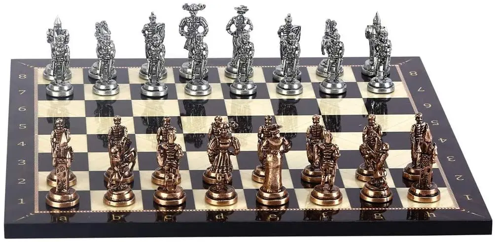 

The Queen's Gambit Historical Spanish Royal Chess Set MDF Wooden Chessboard with Antique and Walnut Pattern Metal Chess Pieces