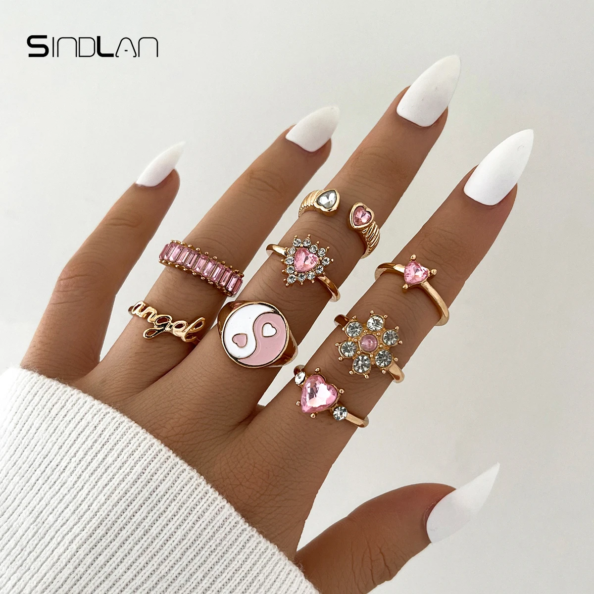 

Sindlan Kpop Tai Chi Crystal Gold Color Heart Rings for Women Punk Letter Pink Set Cute Y2k Korean Fashion Jewelry Anillos Mujer