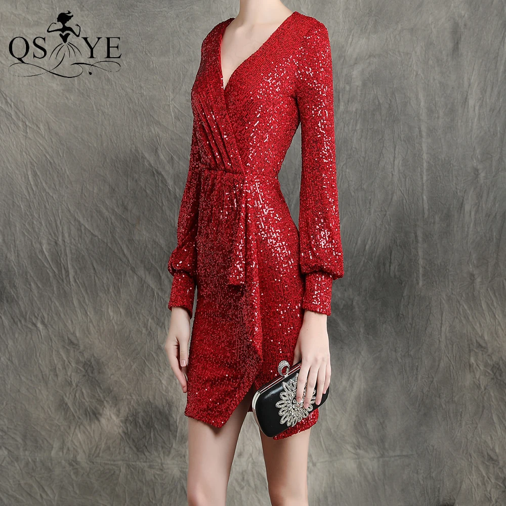 

Red Short Prom Dresses Sequin Evening Gown Sexy V Neck Girl Dress Long Sleeves Party Gown Pleat Ruffles Formal Dress Vestido