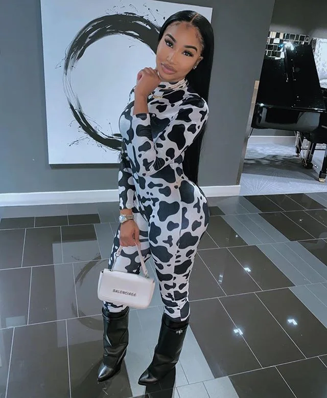 

White Black Print Women's Skinng Long Jumpsuit 2020 Spring Streetwear Women Full Sleeve O Neck Rompers Femme Casual Overalls