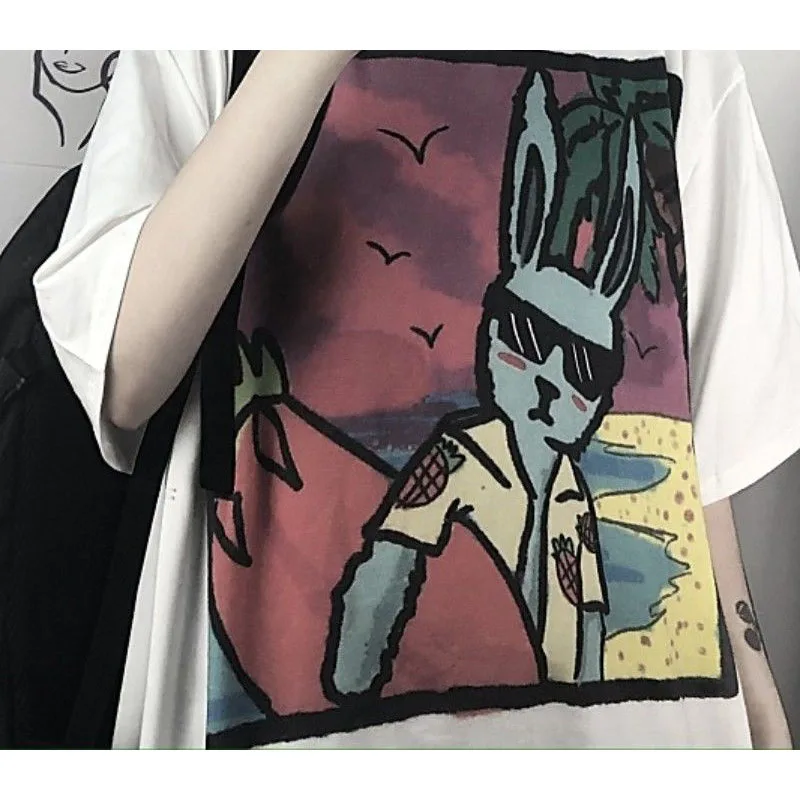 

INS Harajuku Graphic T Shirts Women 2021 Rabbit Print Alt Clothes Aesthetic Summer Short Sleeve Top Female MINGLIUSILI Tee Shirt