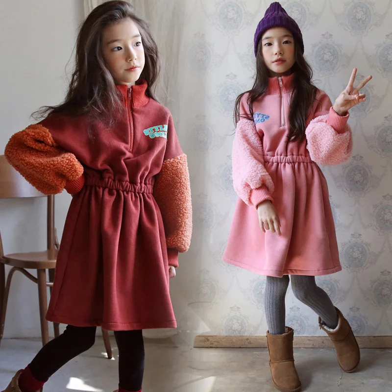 2019 Fashion Girls Autumn Winter Dress for 6 8 10 12 years Casual Long Sleeve Zipper Collar Warm Teenage Clothing |