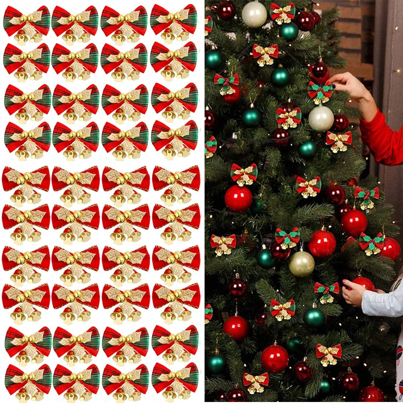 

10Pcs Christmas Bow with Bells Christmas Tree Hanging Wreath Decorations Bowknot Ribbon for Xmas Presents Decorations Ornaments