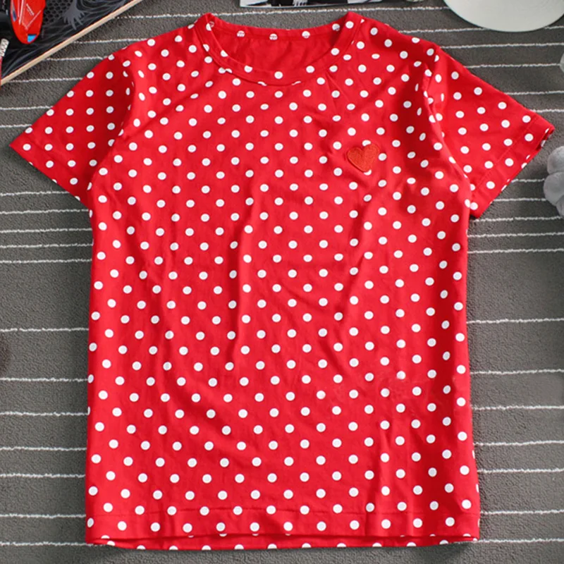 

(Have eyes)New Couple T-shirt Polka Dot Round Neck Embroidery Love Peach Cotton Short-sleeved Men and Women Casual T-shirt