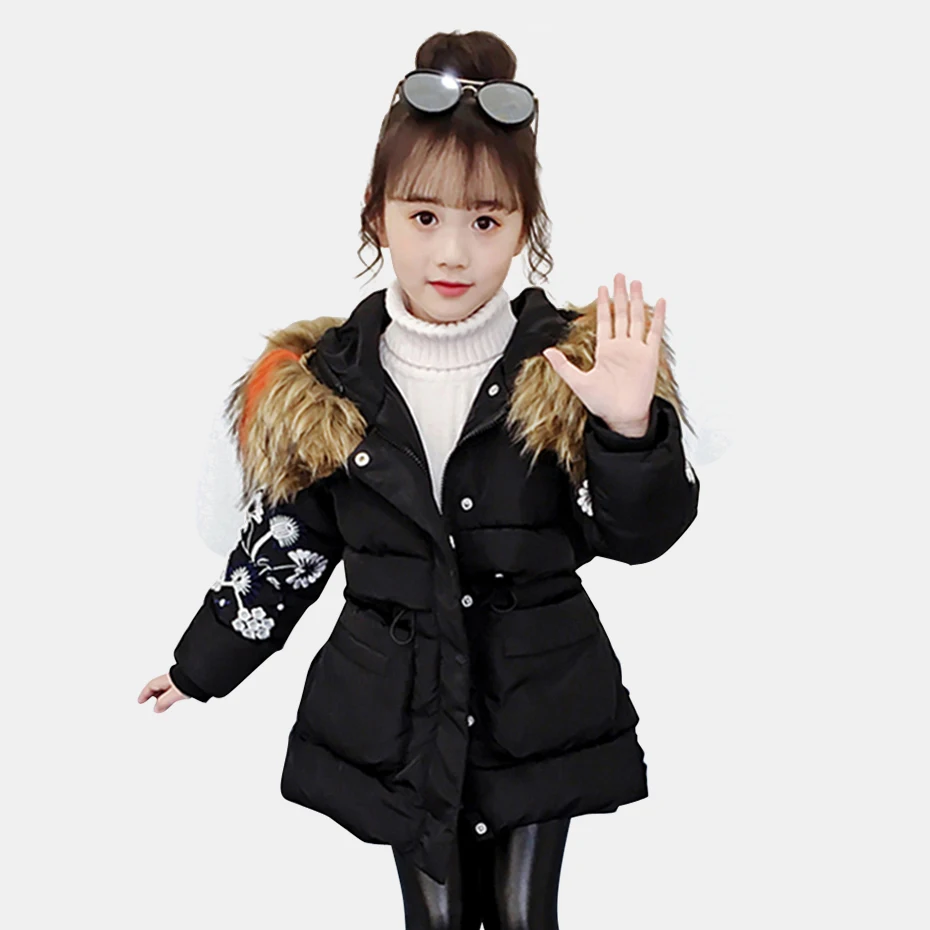 Пуховое пальто для девочек с вышивкой Детская верхняя одежда капюшоном и меховым