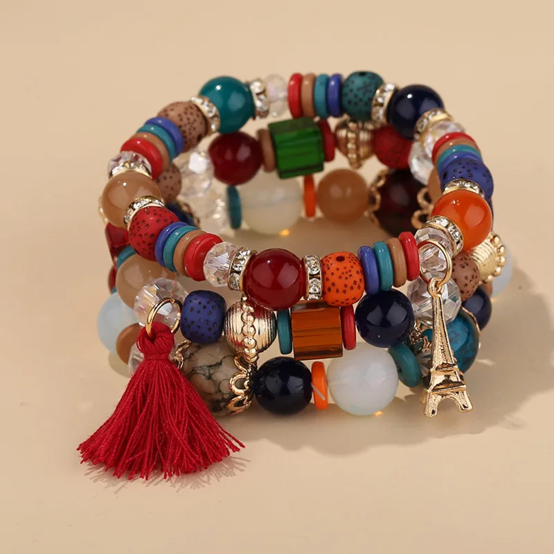 

Fashion Tower Pendant Tassel Bracelets For Women Bohemian Multilayer Elastic Crystal Glass Beads Beaded Bracelets Set