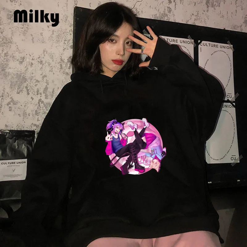 

Hoodie Anime Print Black Tops Women hoodies Goth Streetwear Long Sleeve Harajuku Graphic Female Kawaii y2k Aesthtic kpop Female