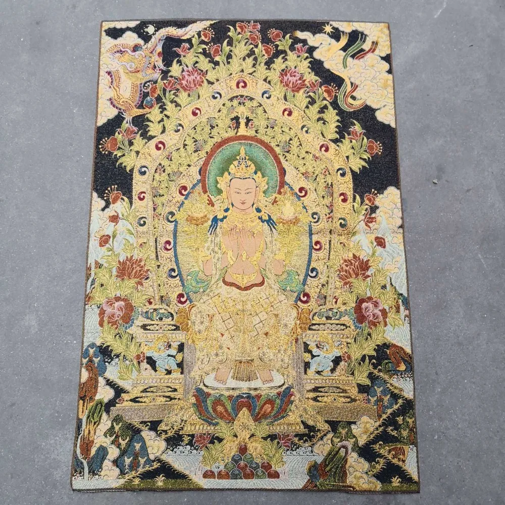 

36 inch Tibet Buddhism Silk embroidery Seat Maitreya Buddha Thangka Painting Mural