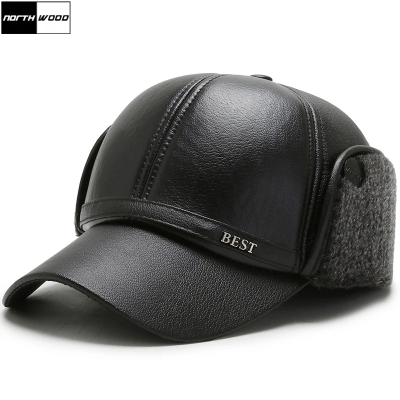[NORTHWOOD] 2020 Теплая искусственная кожа Черная бейсболка Мужская зимняя шапка Ушные