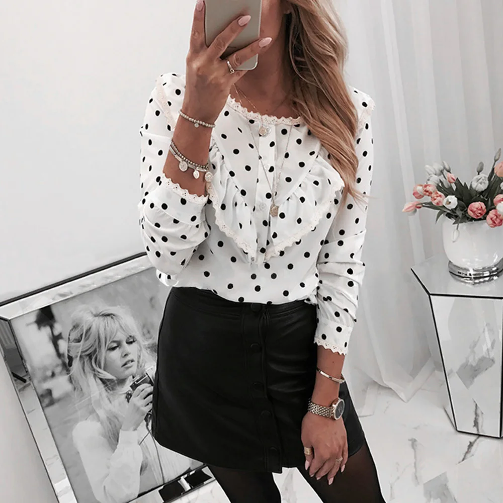 Женская блузка в горошек с рукавами 3/4 женская рубашка круглым вырезом женские