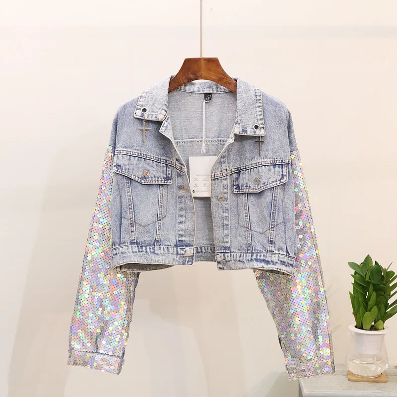 Spring Autumn New Multicolored Sequins Batwing sleeve Denim Jacket Women Loose Short Jeans Female Outwear Chaqueta Mujer | Женская