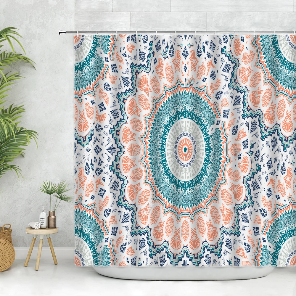 

Bohemian Mandala Shower Curtain Set Blue Pink Watercolor Teal Abstract Exotic Polyester Fabric Curtains Hooks Bathroom Screen