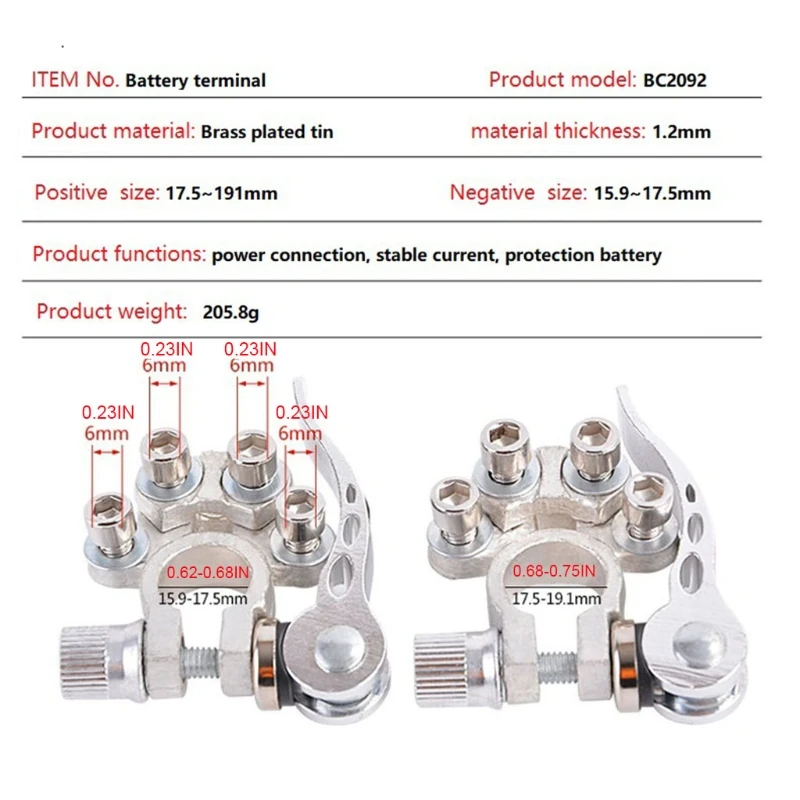 

1 Pair Battery Terminal Connector Tin Plated Brass Battery Connector Battery Connection Clip Automobile Battery Pile Hea