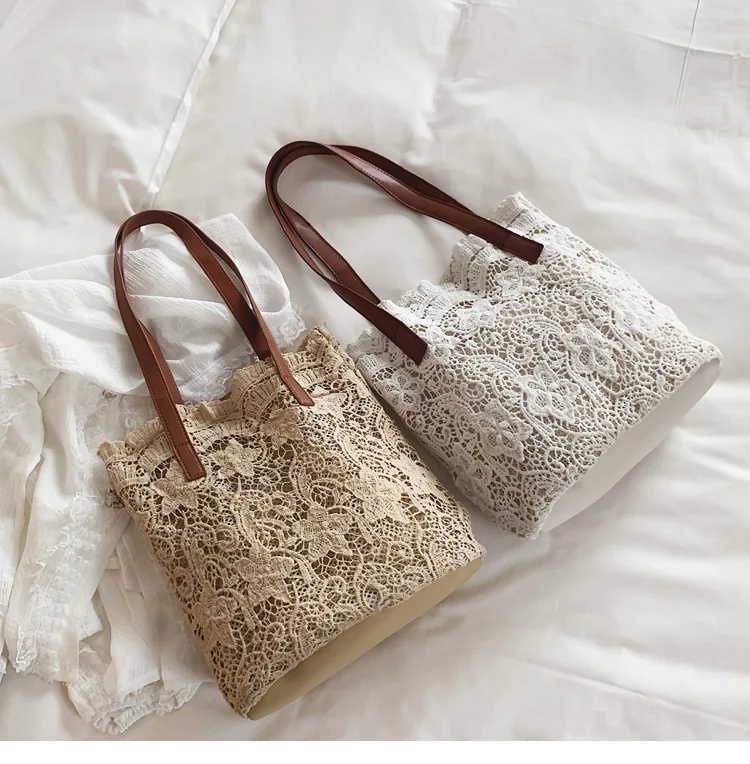 

2020 new Summer 2 Pcs/Sets chic girl lace shoulder bag women Handbag female tote bags Big Capacity Foldable Travel Beach Bag