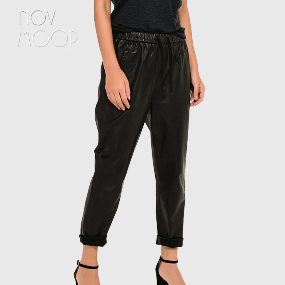 

Novmoop fashion style women black elastic waist sheepskin genuine leather ankle-length harem pants pantalon femme LT3048