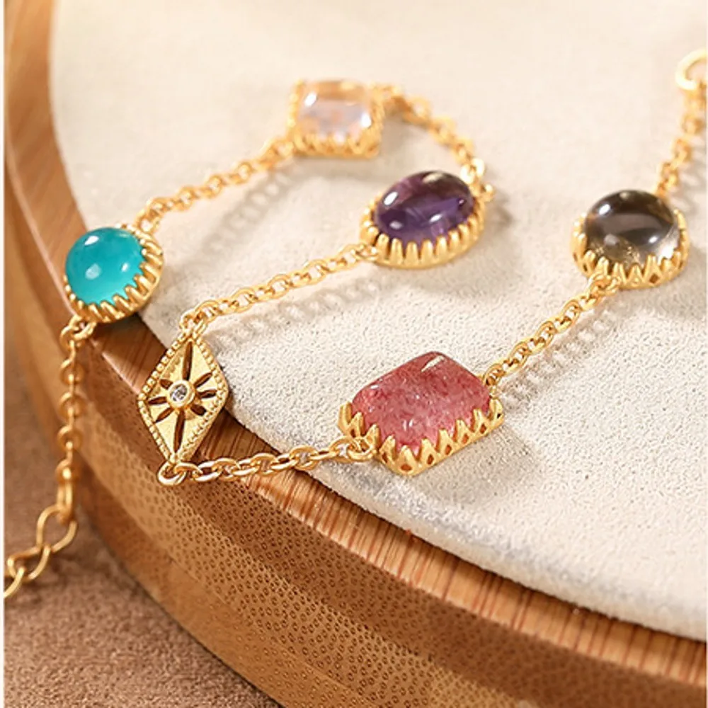 

New pure S925 silver gold-plated inlaid with natural strawberry crystal Tianhe stone fresh temperament female bracelet