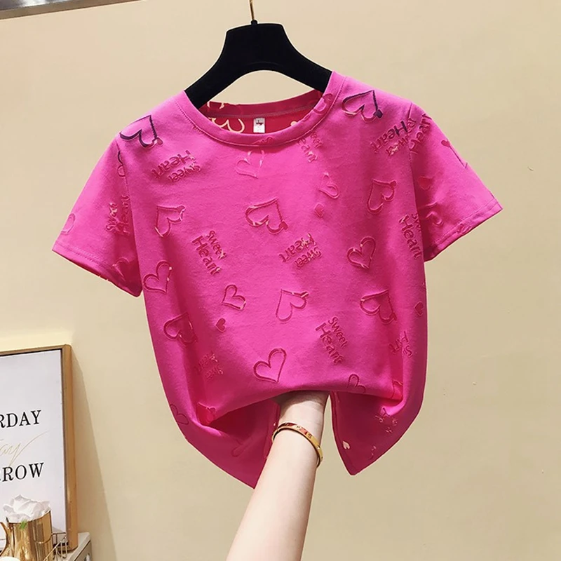 

Женская ажурная футболка, универсальная облегающая футболка с коротким рукавом и милым сердечком, в Корейском стиле, лето 2021