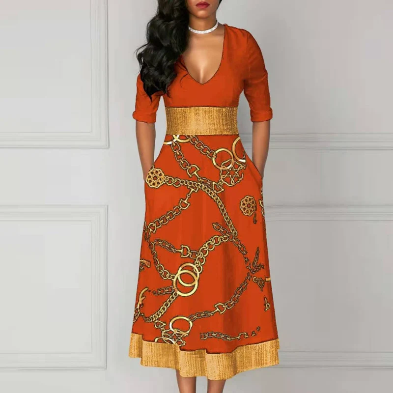 

Retro Casual Office Lady Long Dress Spring Patchwork Belt Chain Print Party Dress Women Autumn Long Sleeve Pocket A-Line Dresses