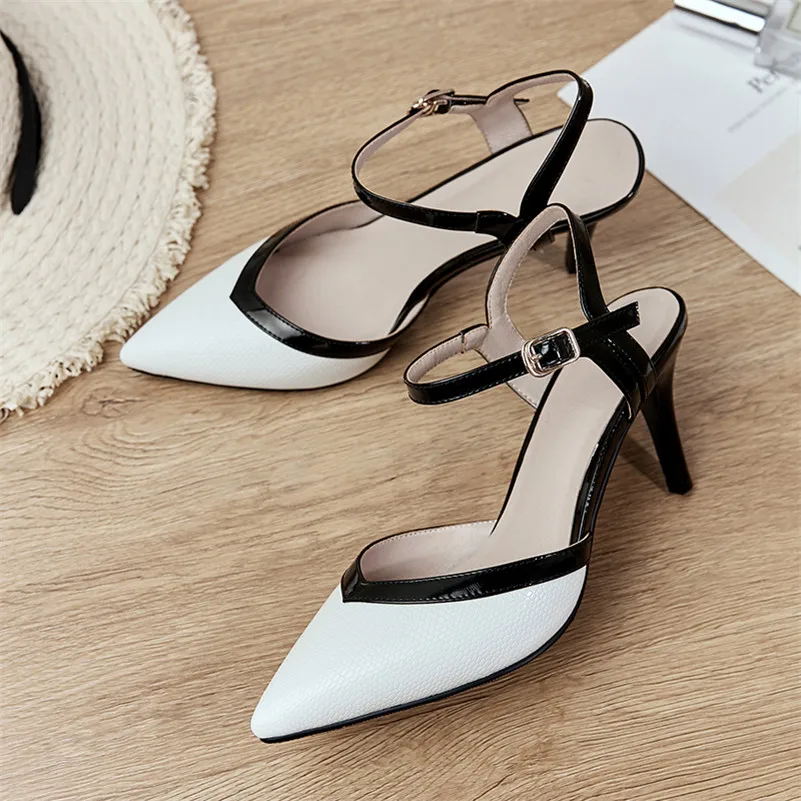 

Meotina High Heels Women Pumps Patent Leather Thin High Heels Party Shoes Mixed Colors Buckle Pointed Toe Shoes Ladies Red 33-43