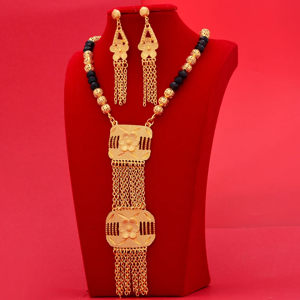 24k altın rengi siyah Dubai takı setleri afrika düğün hediyeleri gelin kolye küpe takı seti kadınlar için