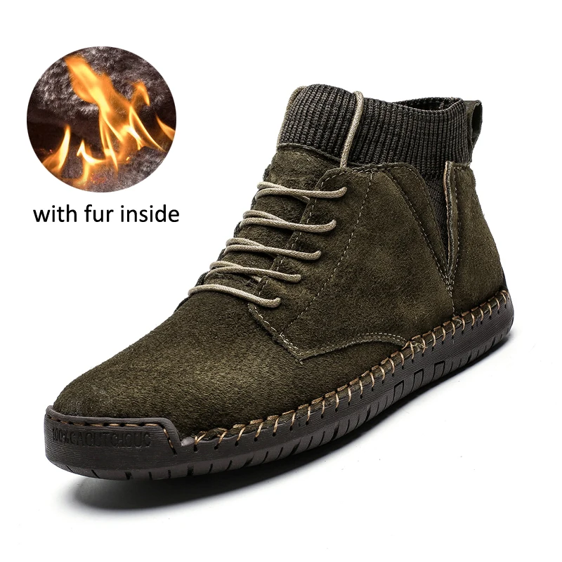 With Fur green Г. Новые мужские зимние ботинки с плюшевой подкладкой, теплые мужские ботинки размер 38-48, Нескользящие мужские Ботильоны Водонепроницаемая Осенняя мужская Рабочая обувь - Цвет: With Fur green