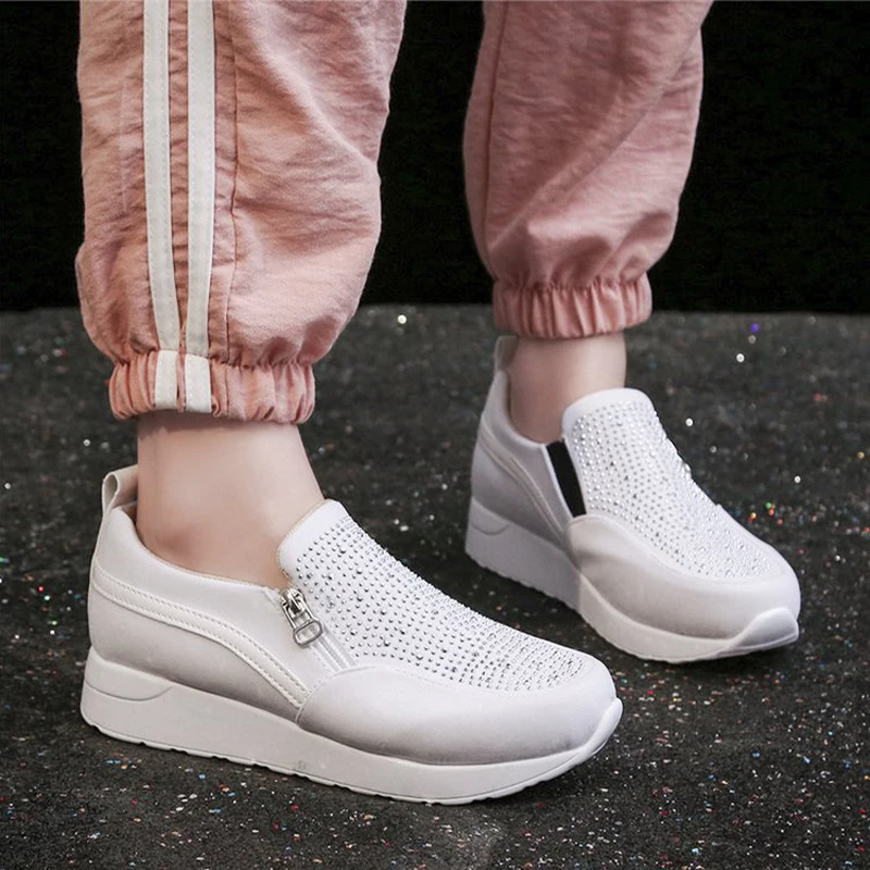 

2022 Women Spring Autumn Breathable Comfortable Zipper Flat Shoes Sneakers Fashion Crystal Vulcanized Shoes Zapatillas Mujer