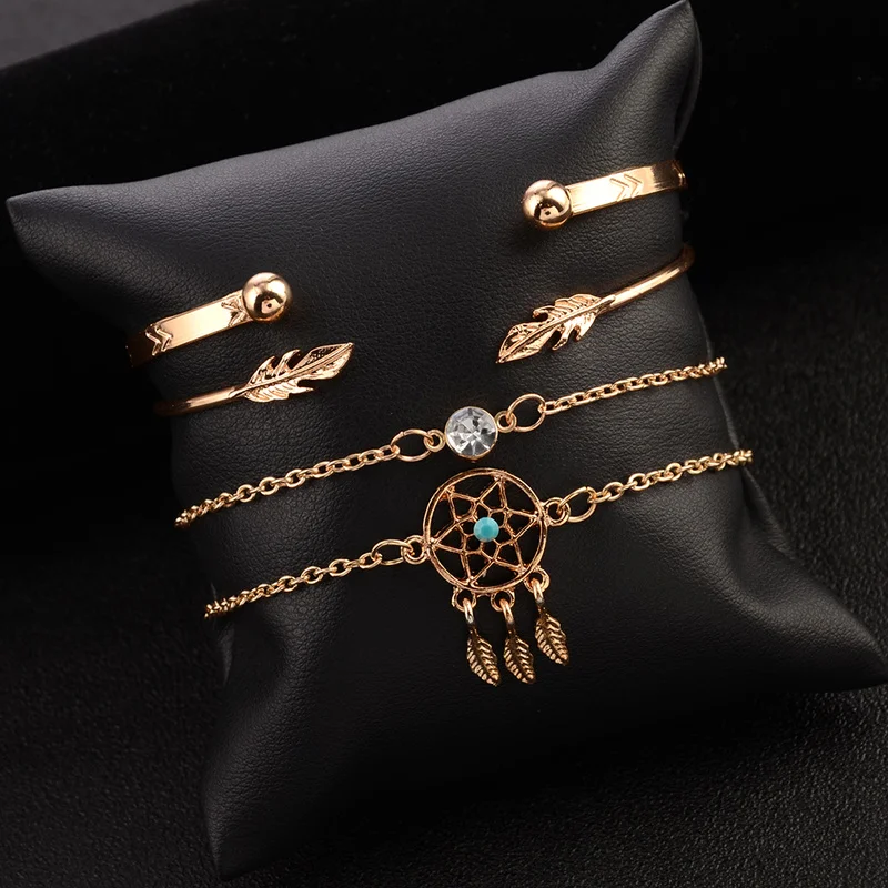 4 шт Золотые толстые браслеты в виде перьев Набор браслетов Boho Dreamcatcher