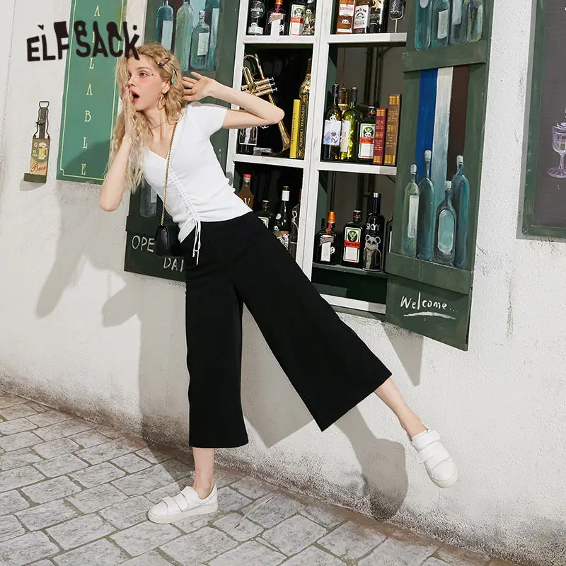 Женские прямые брюки ELFSACK черные однотонные повседневные широкие с высокой