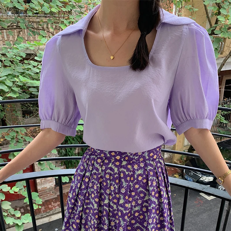 

2021 T-shirt Women Clothes Loose Top Tees Lantern Sleeve Harajuku Tshirt Mujer Solid Color Folds Blouses Female Summer