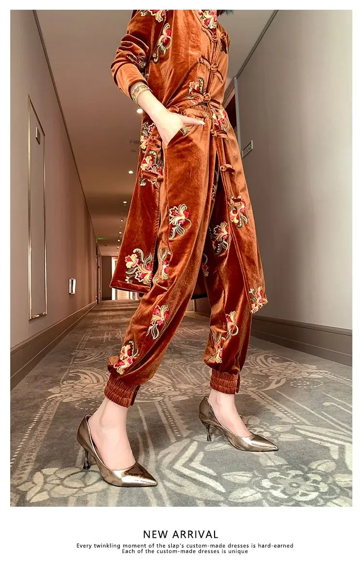 

One Piece / Retro Chinese Tang Style Improved Windbreaker Jacket Medium Length Heavy Industry Embroidered Shirt Pants Suit For