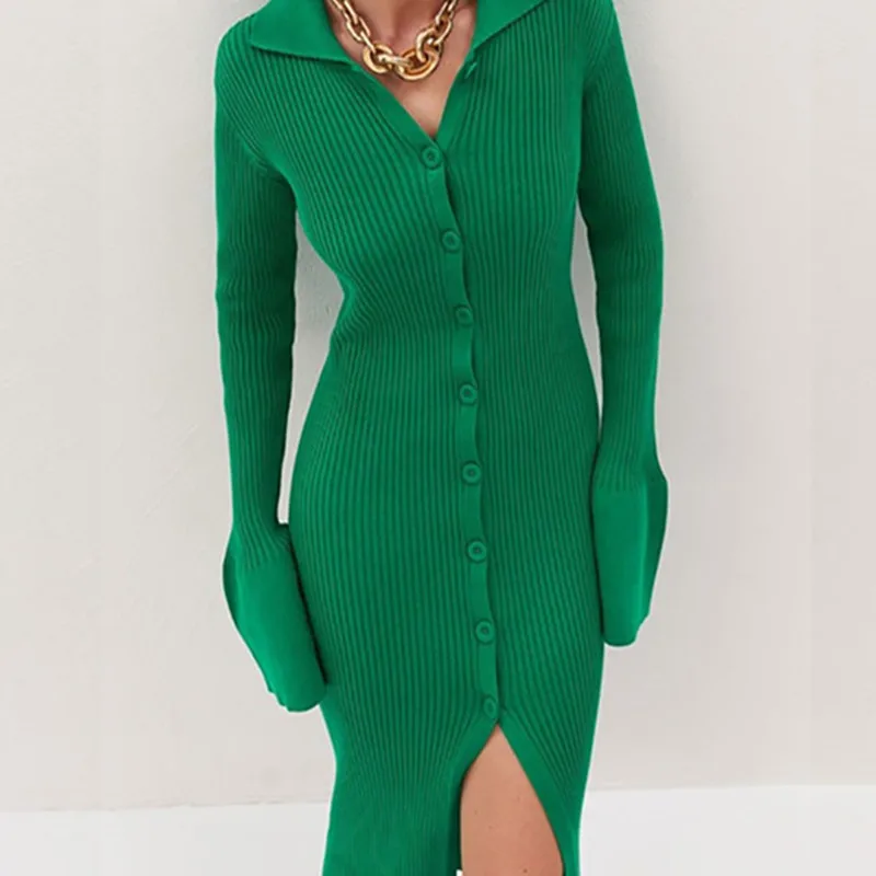 

Autumn Winter Bodycon Dress Sweater Knitted Green 2021 Women Sexy Midi Split V Neck Long Sleeve Casual Dresses Party