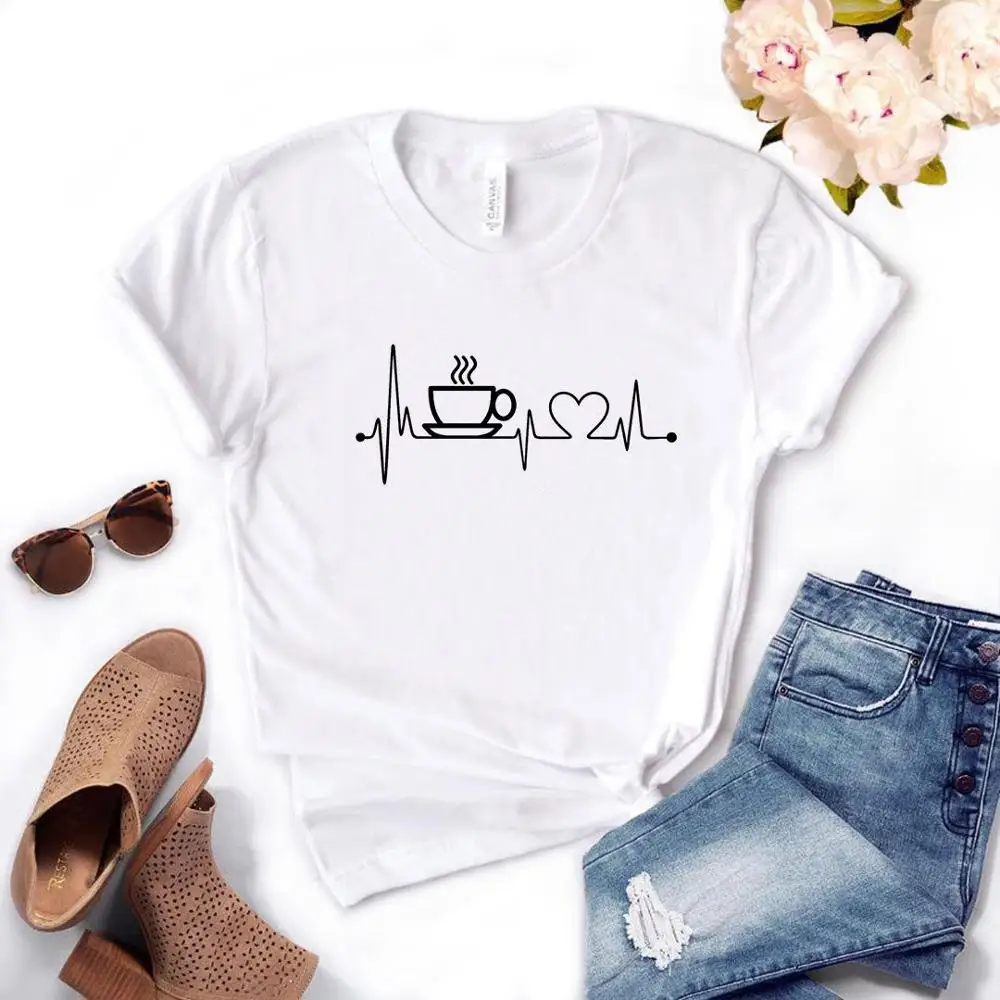 

Women T Shirt Coffee Heartbeat Print Tshirt Women Short Sleeve O Neck Loose T-shirt Ladies Summer Causal Tee Shirt Clothes Tops