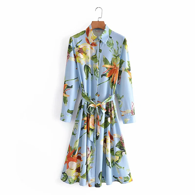 

Женское платье с длинным рукавом, длинное платье небесно-голубого цвета с винтажным принтом, отложным воротником и поясом с бантом, 2021