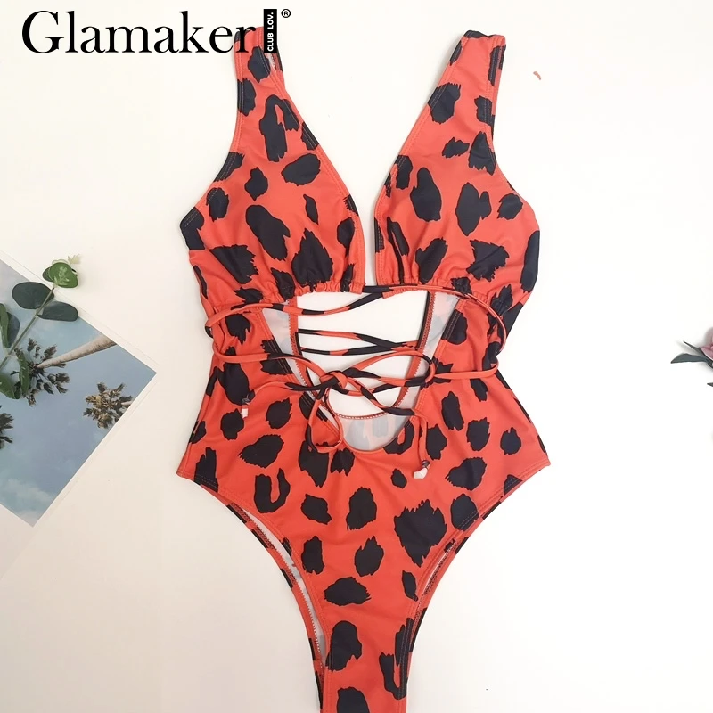 Glamaker, Леопардовый принт, слитные костюмы, купальник, бандаж, сексуальный, пуш-ап, боди, летний, для женщин, на завязках, с высоким вырезом, купальник - Цвет: Leopard